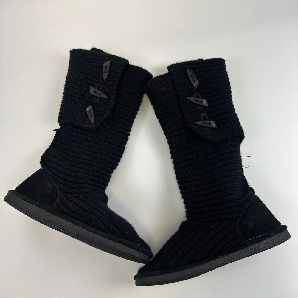 Bearpaw Knit Tall Boot Black Sheepskin Stretch Button Foldover Pull On Womens 9